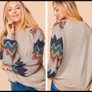New! Super Soft Brushed Aztec Raglan Bubble Sleeves Hacci Top